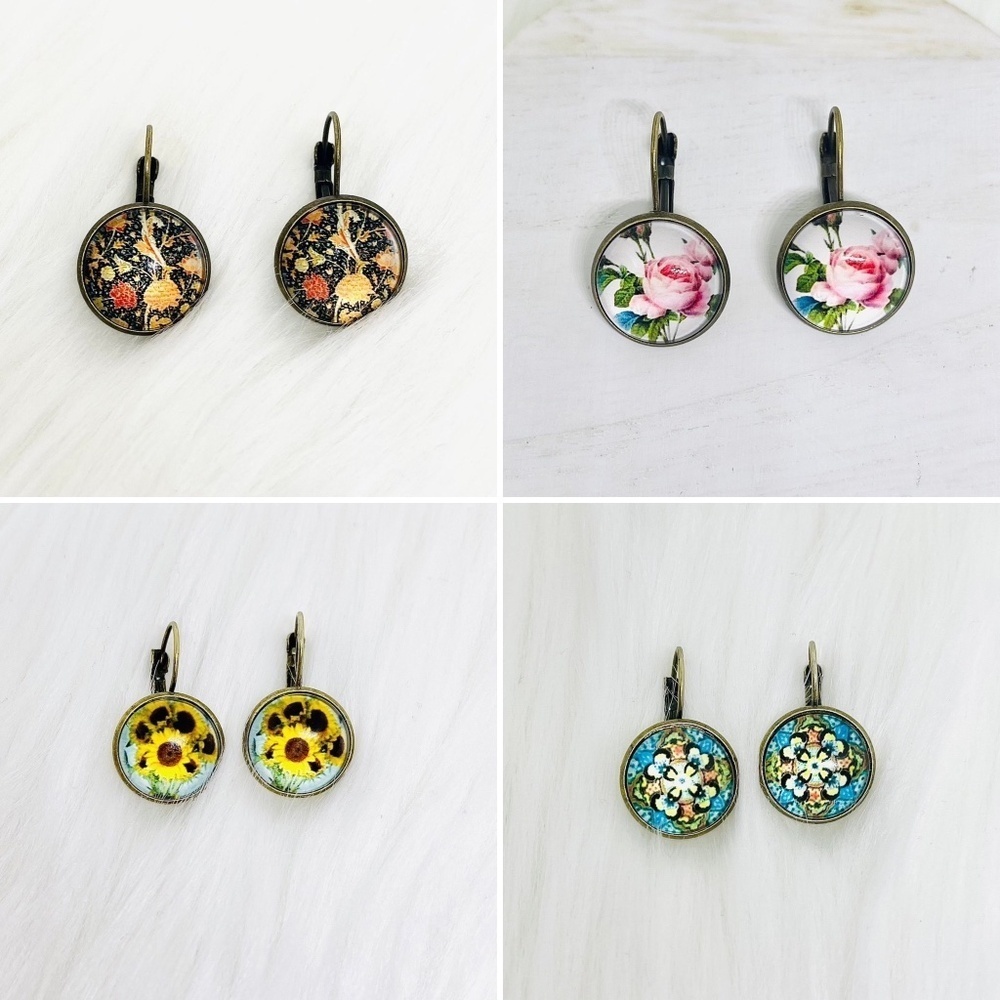 Vintage Feel Floral Print Design Earrings 4 pairs Set